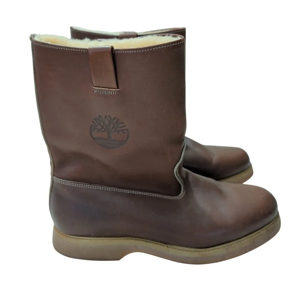 Vintage Timberland Shearling Lined Work Boots Mens 9.5 Wide Brown Vibram Sole